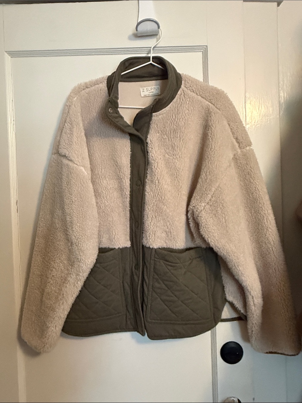 Z Supply Two-Tone Teddy Jacket in Cream and Olive, size Large